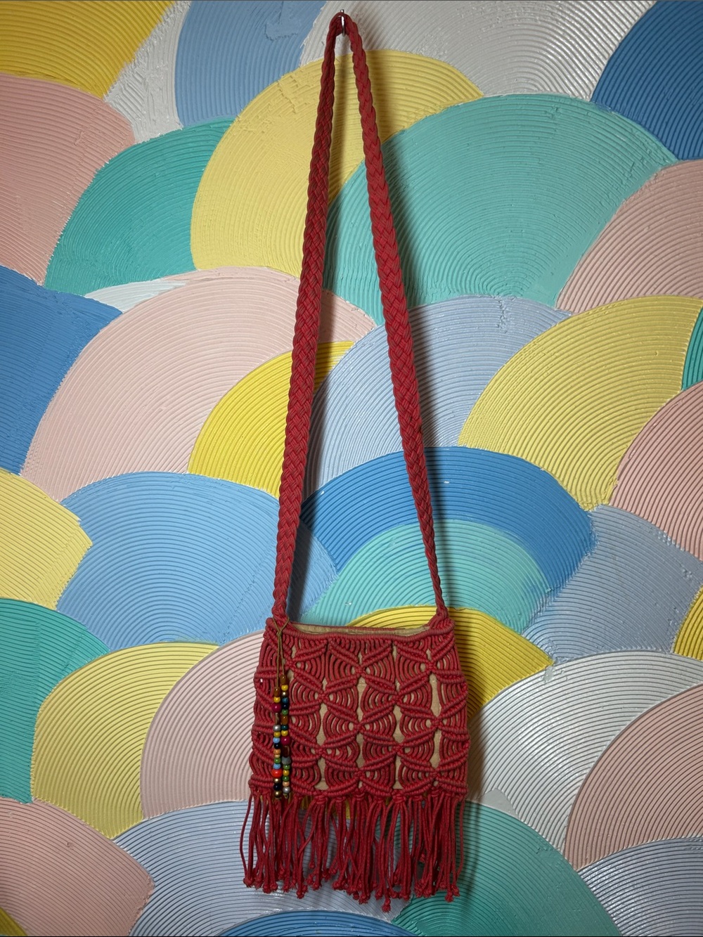 Lucky Brand Red Macramé Fringe Crossbody Bag Boho Shoulder Purse